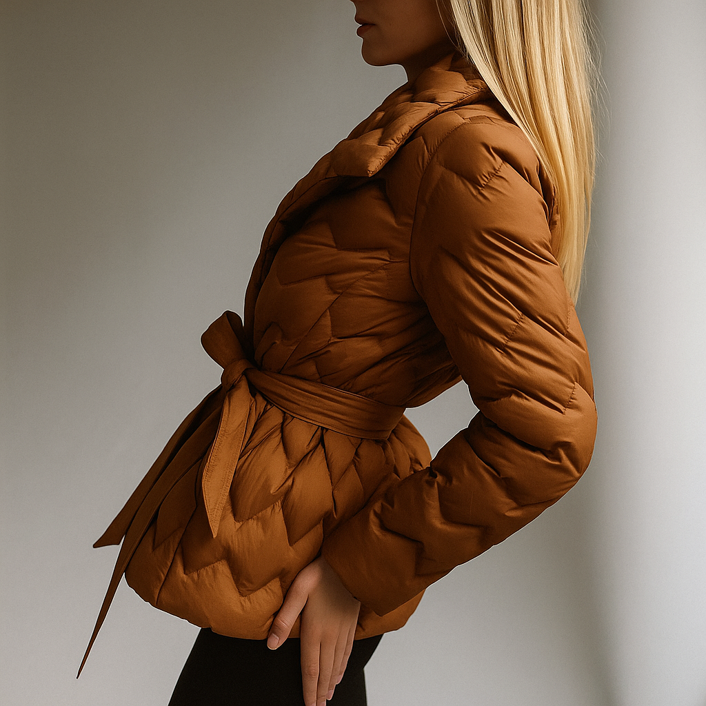 Woman wearing a quilted jacket with wrap front and tie belt in a warm neutral tone._6