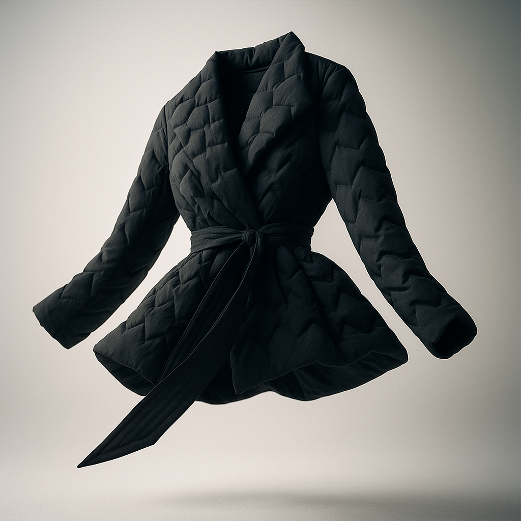 Woman wearing a quilted jacket with wrap front and tie belt in a warm neutral tone._7