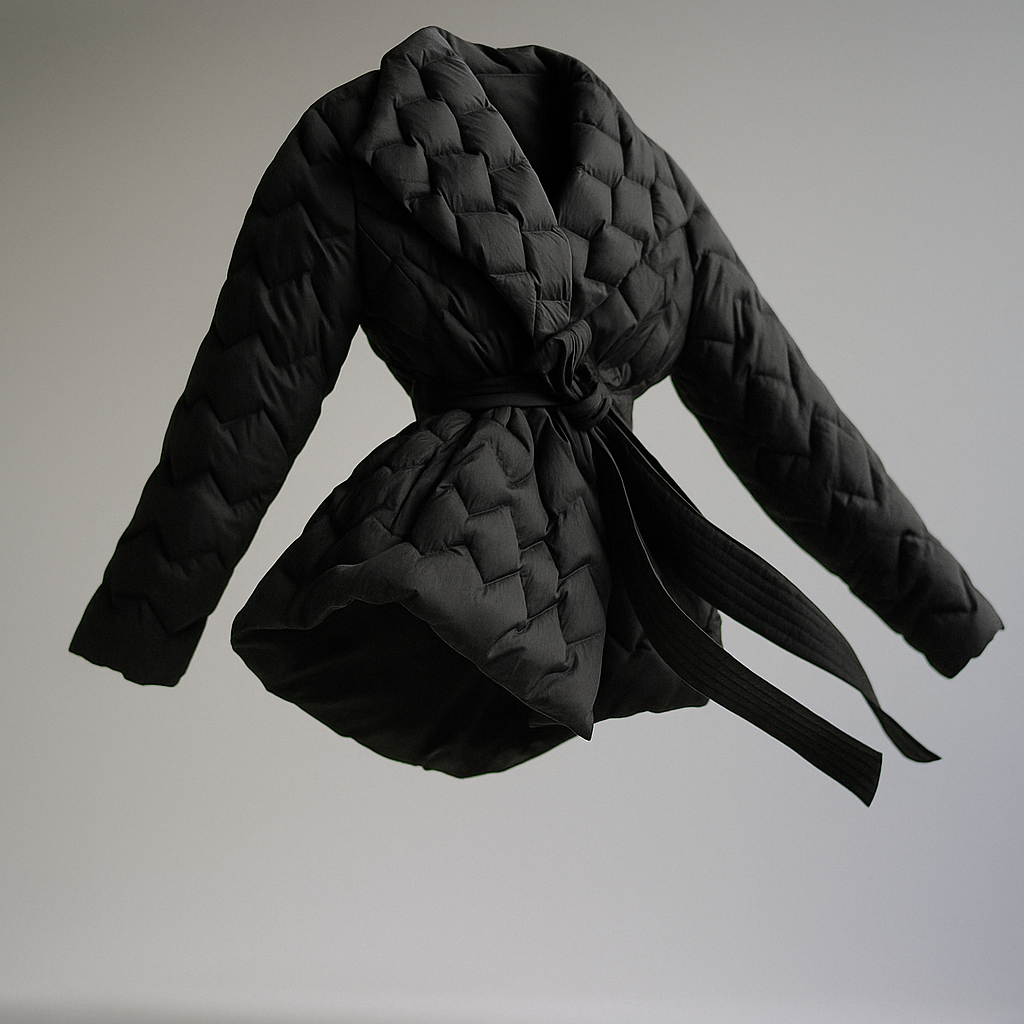 Woman wearing a quilted jacket with wrap front and tie belt in a warm neutral tone._8