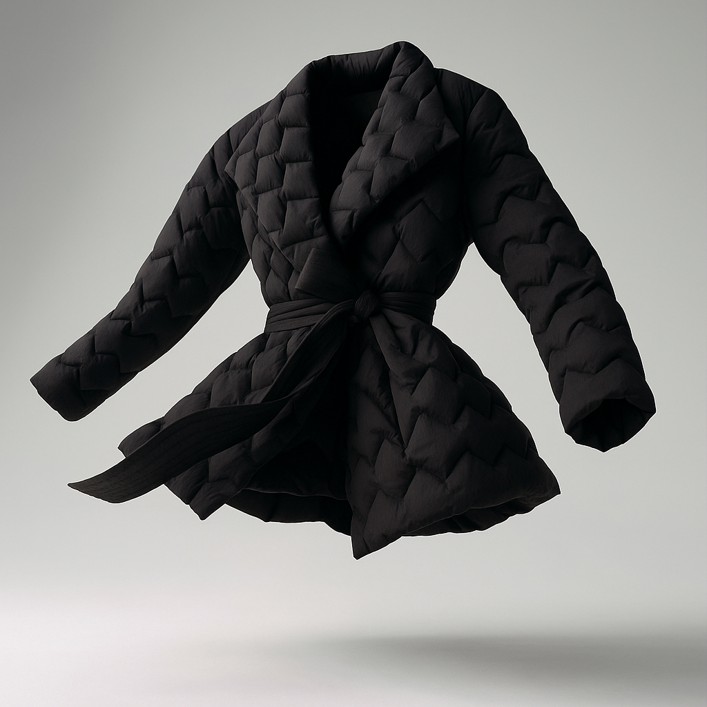 Woman wearing a quilted jacket with wrap front and tie belt in a warm neutral tone._9