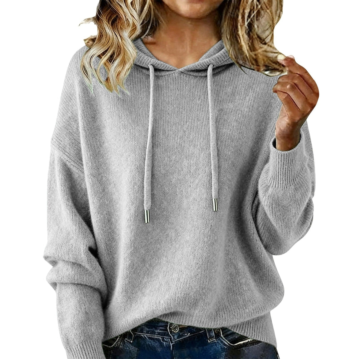 Light gray pullover hoodie with a loose body, drop shoulders, and matching drawstrings.