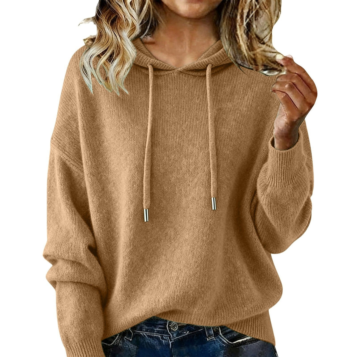 Warm camel-colored hoodie with a relaxed fit, hood cords, and a gently curved hem.