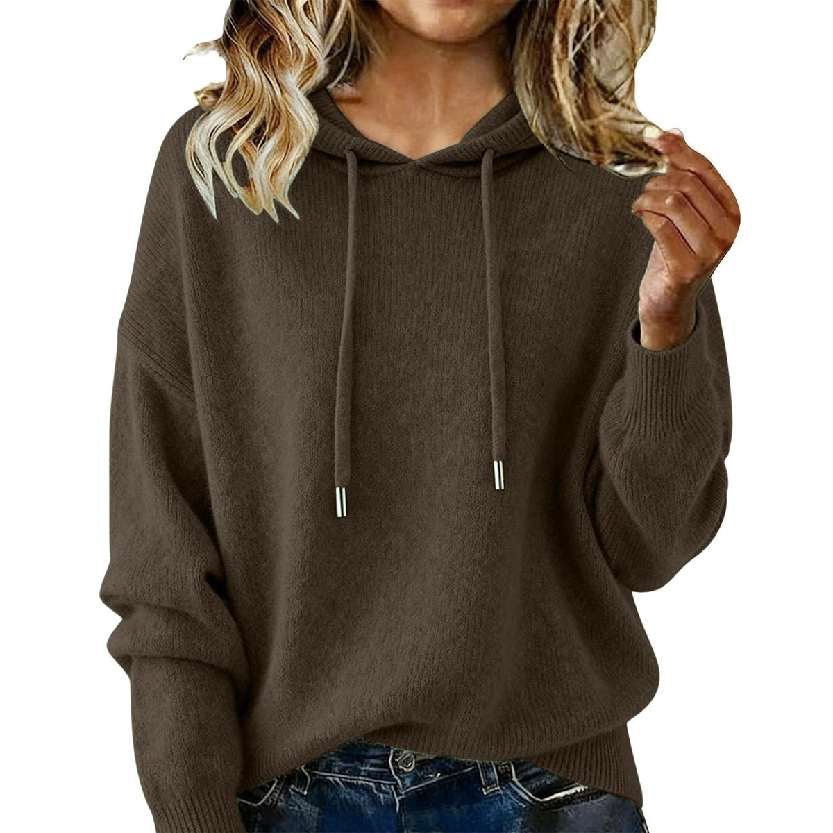 Dark brown drawstring hoodie with a roomy silhouette and long sleeves extending over the wrists.