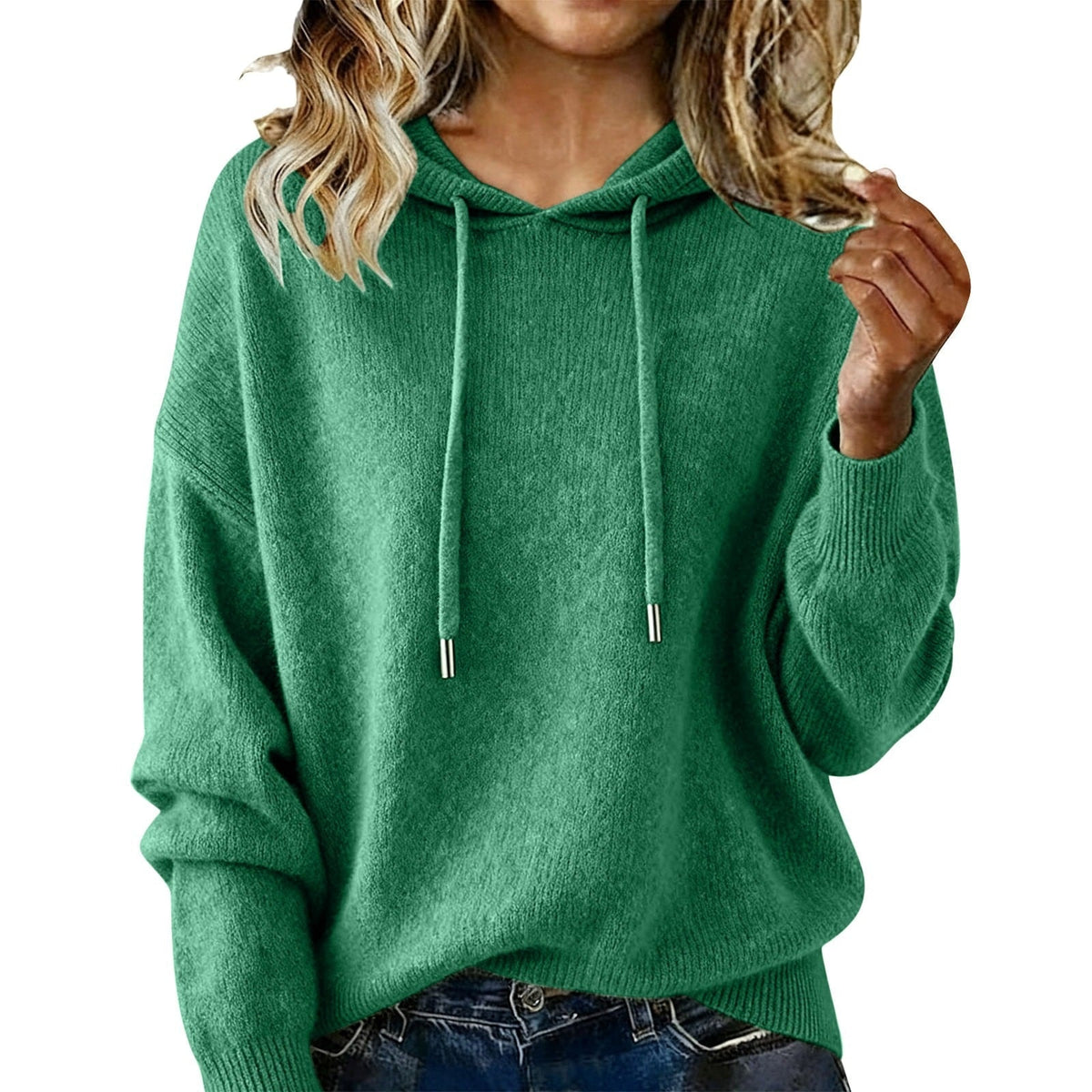 Emerald green relaxed hoodie with long sleeves, a drawstring hood, and a softly rounded hem.