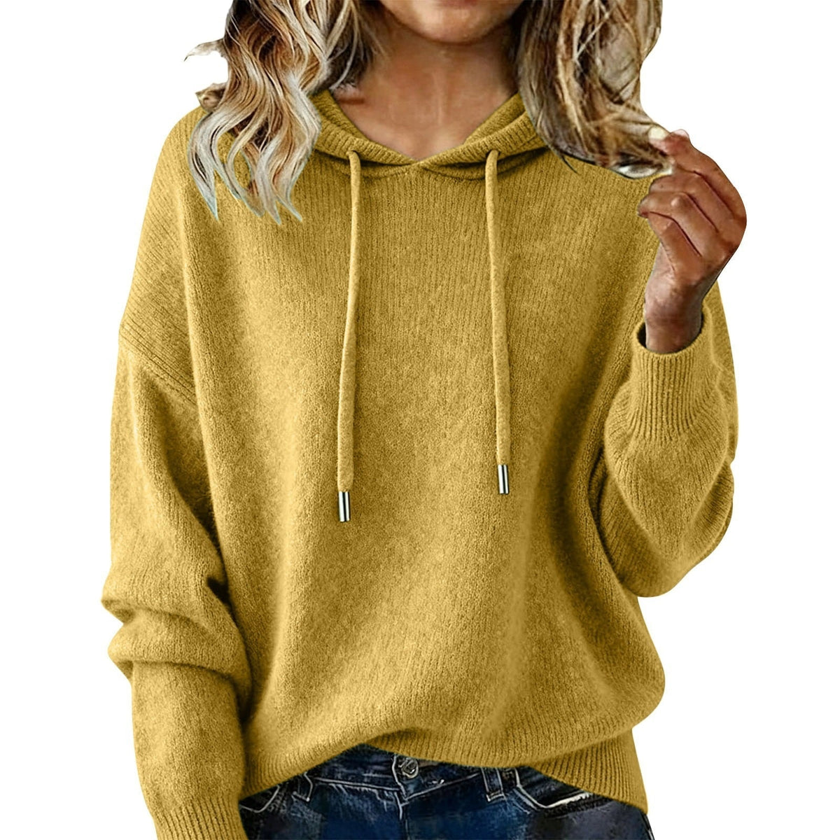 Mustard yellow drawstring hoodie with a loose fit and dropped shoulder seams.