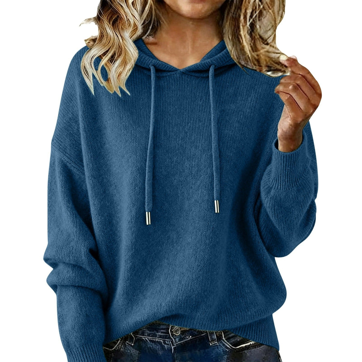Deep blue hoodie with a relaxed shape, long sleeves, and adjustable-looking hood cords.