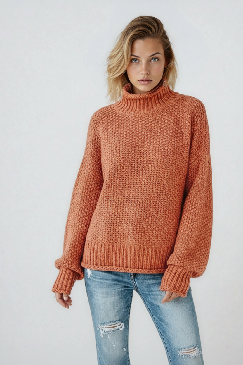 Relaxed rust-orange textured turtleneck sweater with long sleeves and ribbed cuffs, styled with distressed blue jeans.