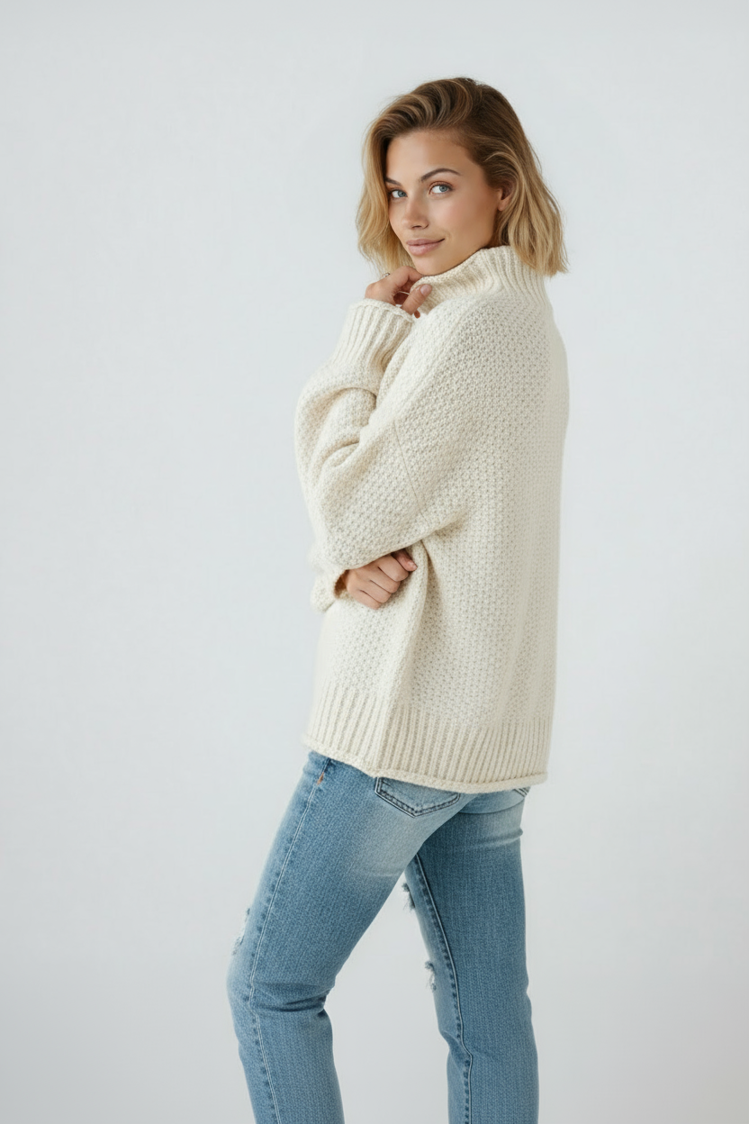 Side view of a relaxed cream textured turtleneck sweater with long sleeves, ribbed hem, and cuffs.