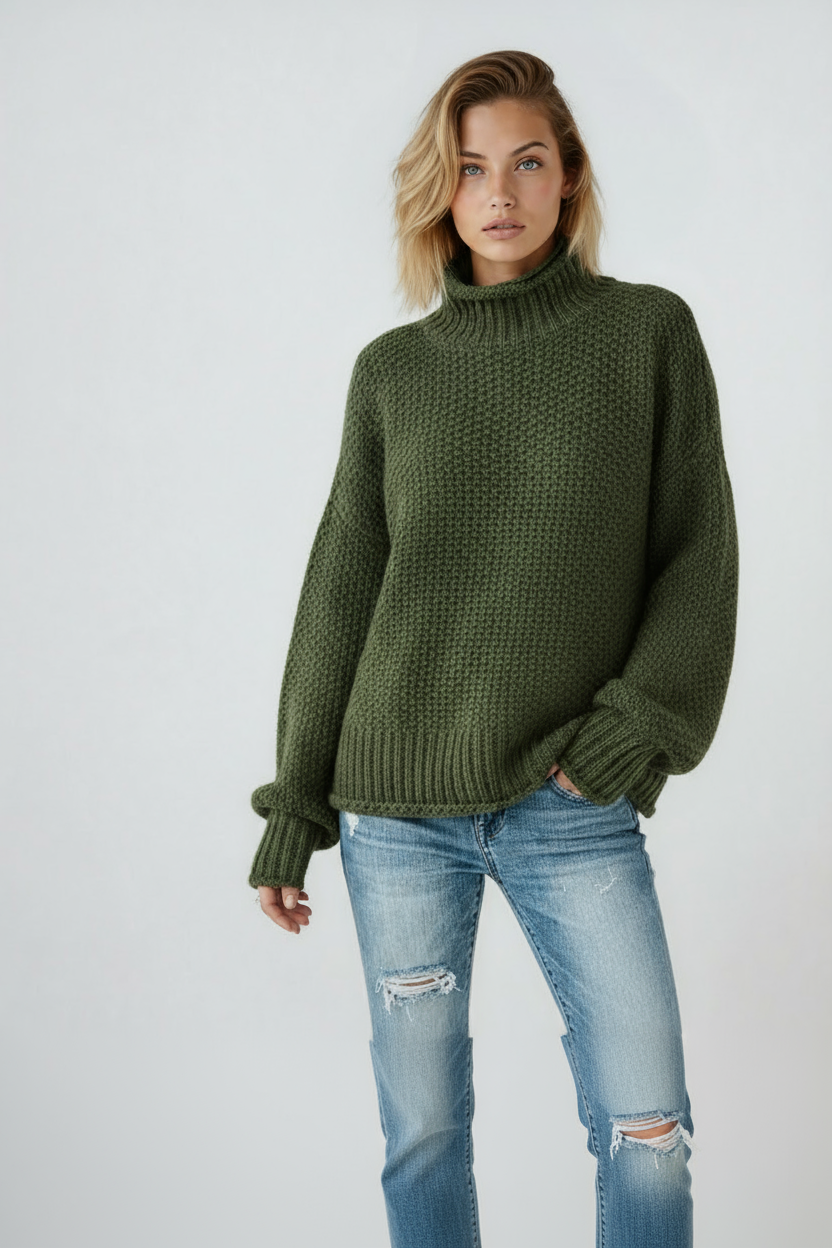 Front view of a relaxed olive-green textured turtleneck sweater with dropped shoulders and long sleeves.
