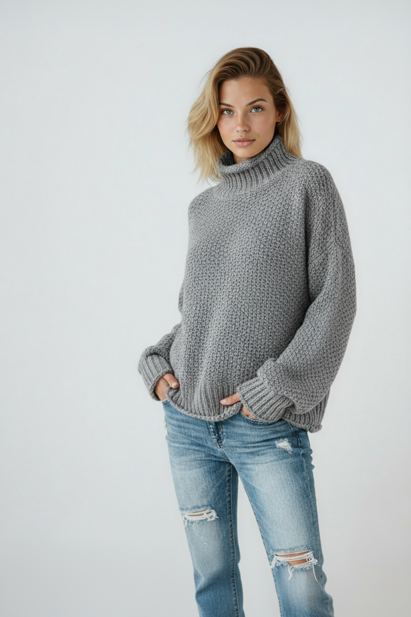 Relaxed gray textured turtleneck sweater with hands tucked into the hem and ribbed sleeve cuffs.
