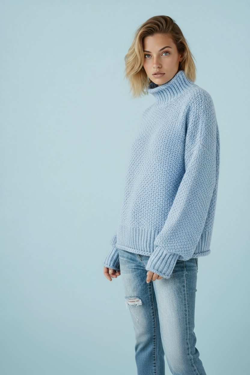 Side profile of a relaxed light-blue textured turtleneck sweater with long sleeves and ribbed cuffs.