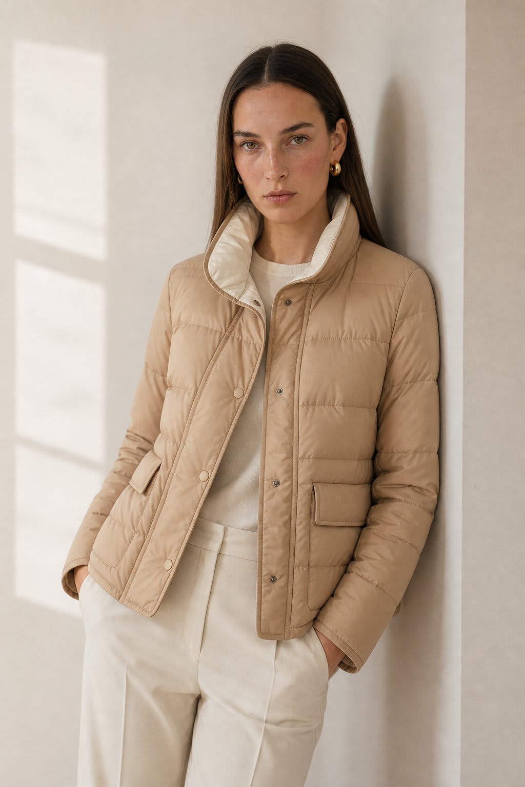 Woman sitting on the floor wearing a mustard quilted jacket with snap button closure over a neutral sweater and brown wide-leg pants._4