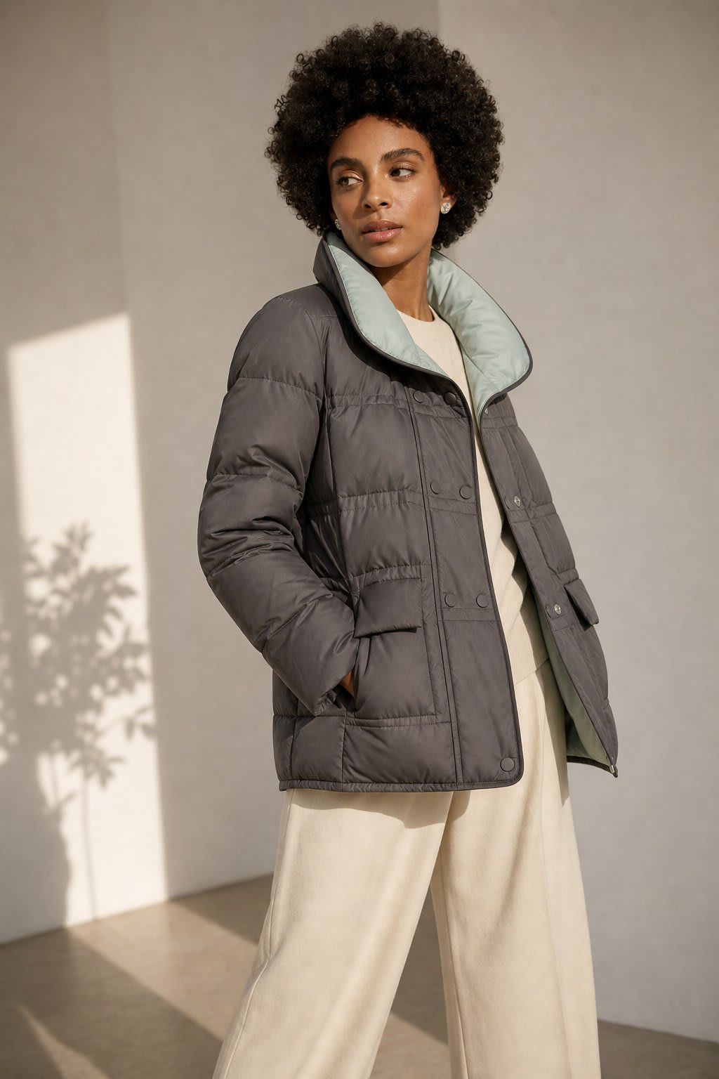 Woman sitting on the floor wearing a mustard quilted jacket with snap button closure over a neutral sweater and brown wide-leg pants._9