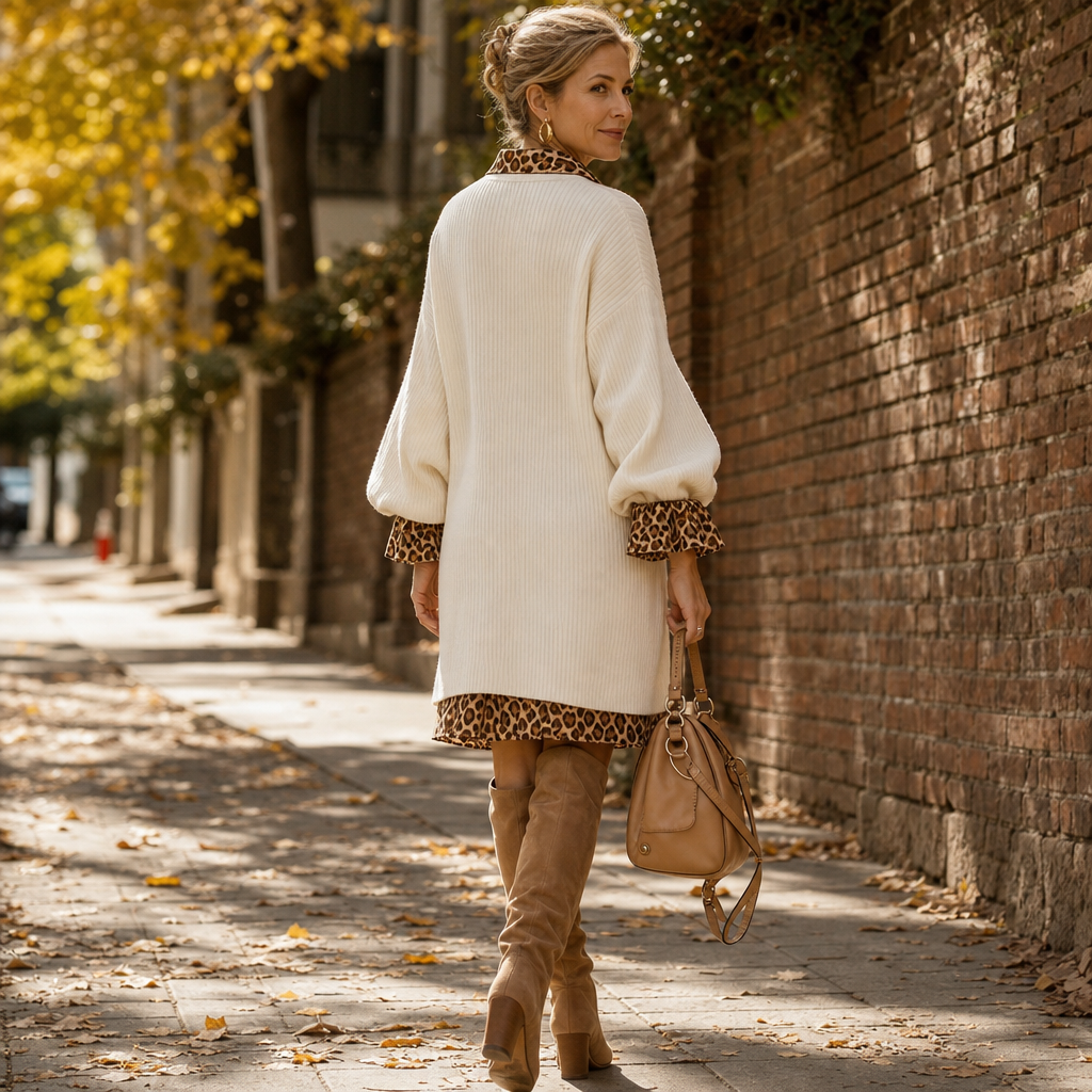 Back view of the cream ribbed mini dress, highlighting the plain ribbed back and leopard-print collar, cuffs, and hem.