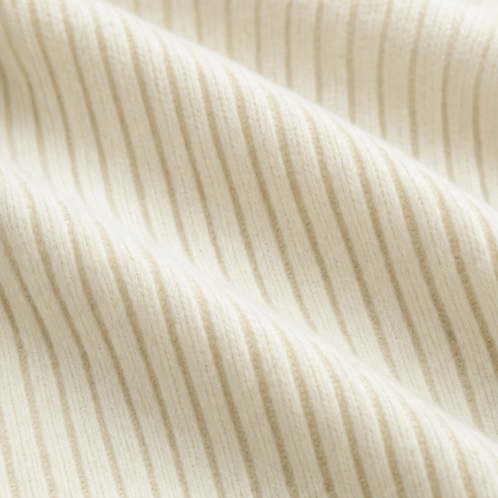 Close-up of the cream dress fabric showing its raised vertical ribbed texture.