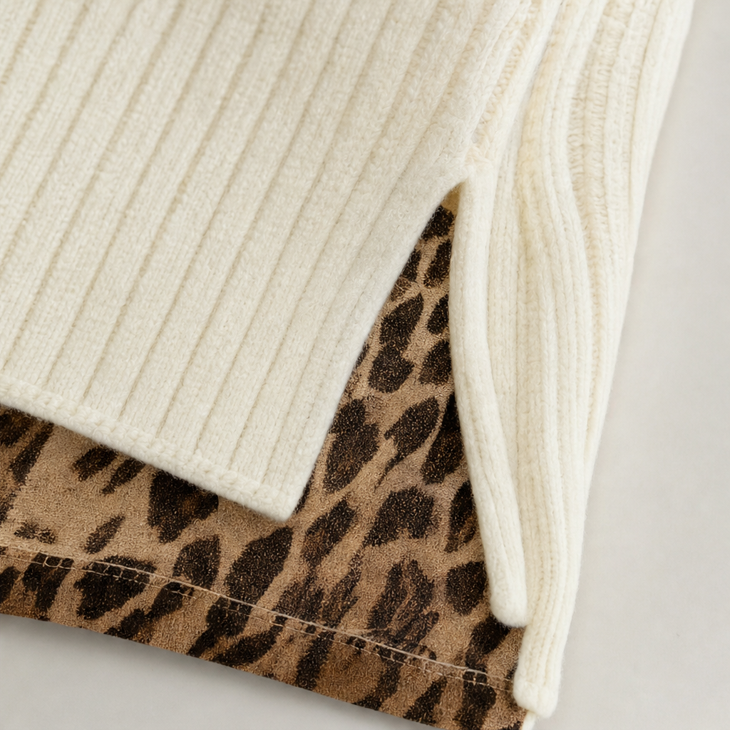 Detail of the dress hem showing the cream ribbed layer overlapping the leopard-print trim and side slit.