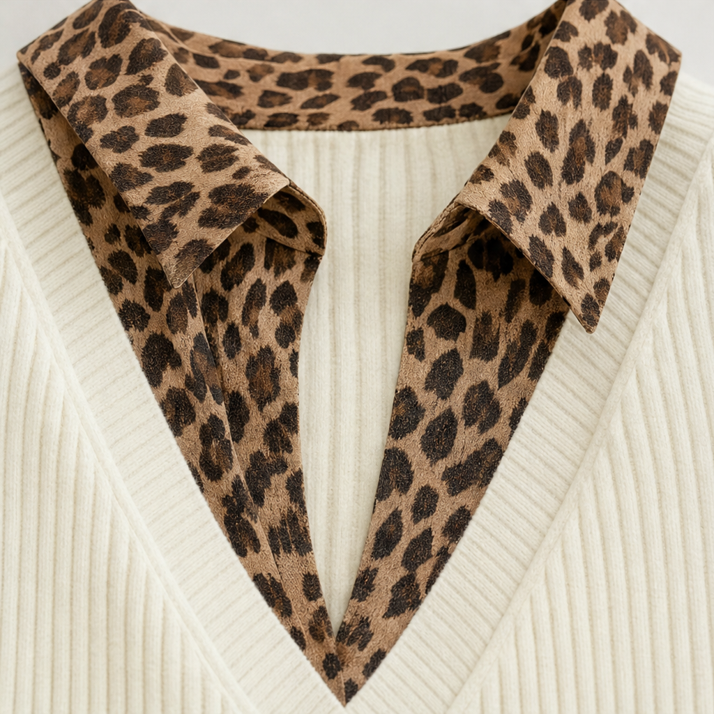 Close-up of the leopard-print collared V-neckline set against the cream ribbed dress.