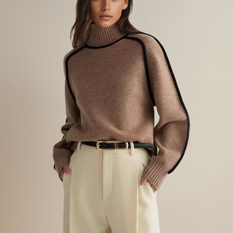 Woman wearing a beige turtleneck sweater with black contrast trim, styled with dark trousers and a black belt._2