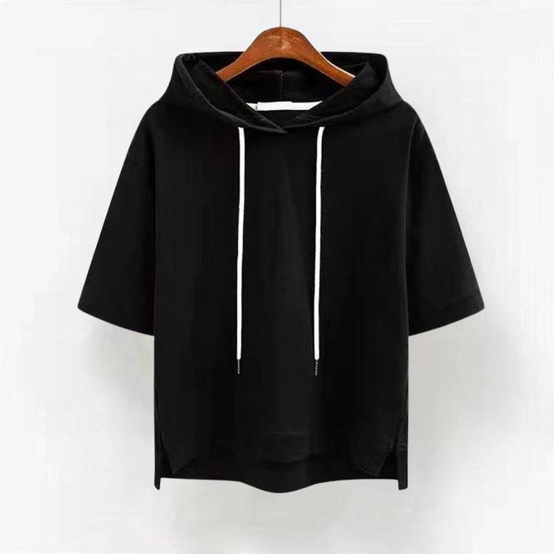 Imogen | short sleeve drawstring hooded top with side slits in pink