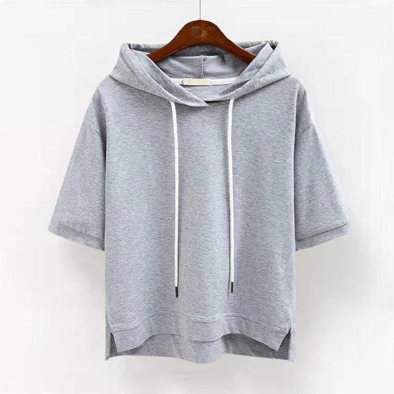 Imogen | short sleeve drawstring hooded top with side slits in pink
