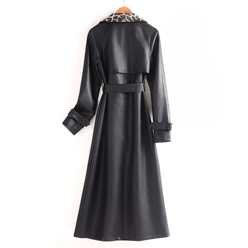 Black long trench coat with leopard print lapels, a belted waist, and cuffed sleeves shown on a hanger._1