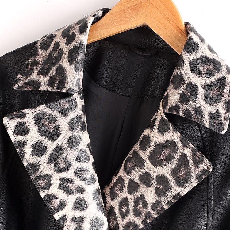Black long trench coat with leopard print lapels, a belted waist, and cuffed sleeves shown on a hanger._2