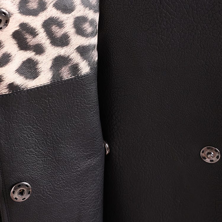 Black long trench coat with leopard print lapels, a belted waist, and cuffed sleeves shown on a hanger._3