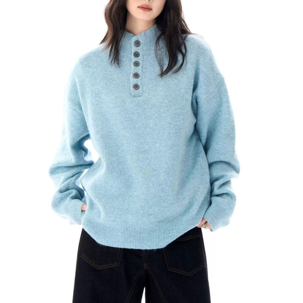 A model wears a relaxed fit mock neck Henley sweater with a buttoned neckline and ribbed hem._2