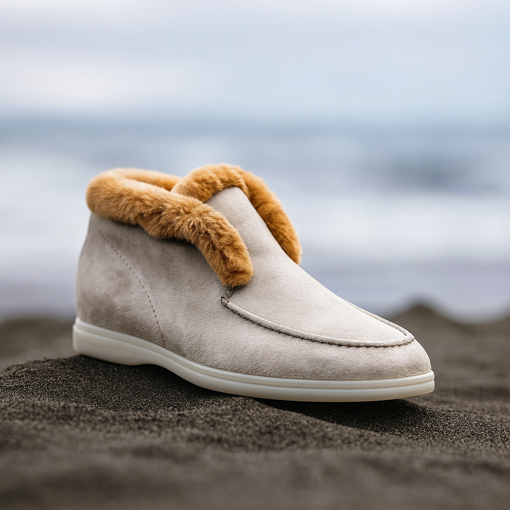 Side view of a shearling lined loafer boot in amber with white fur trim and a cream sole._10