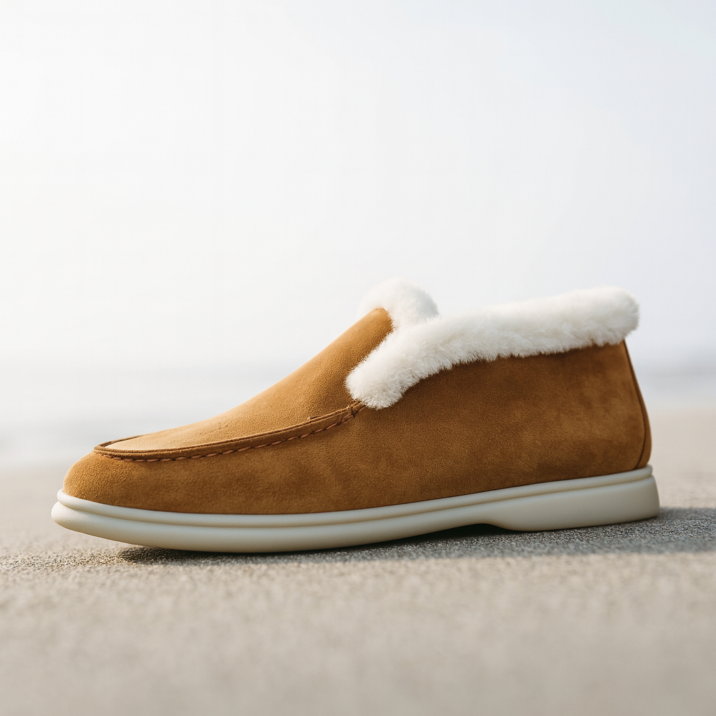 Side view of a shearling lined loafer boot in amber with white fur trim and a cream sole._11