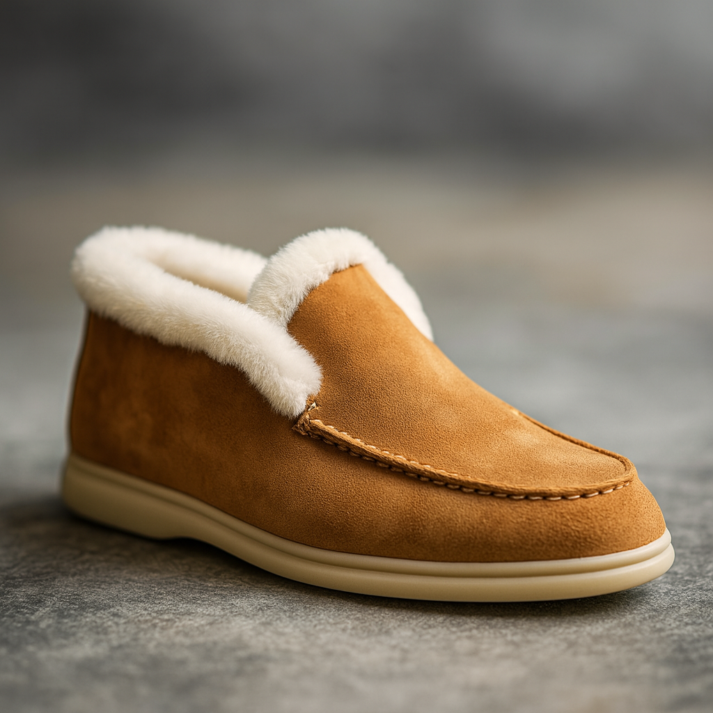 Side view of a shearling lined loafer boot in amber with white fur trim and a cream sole._12
