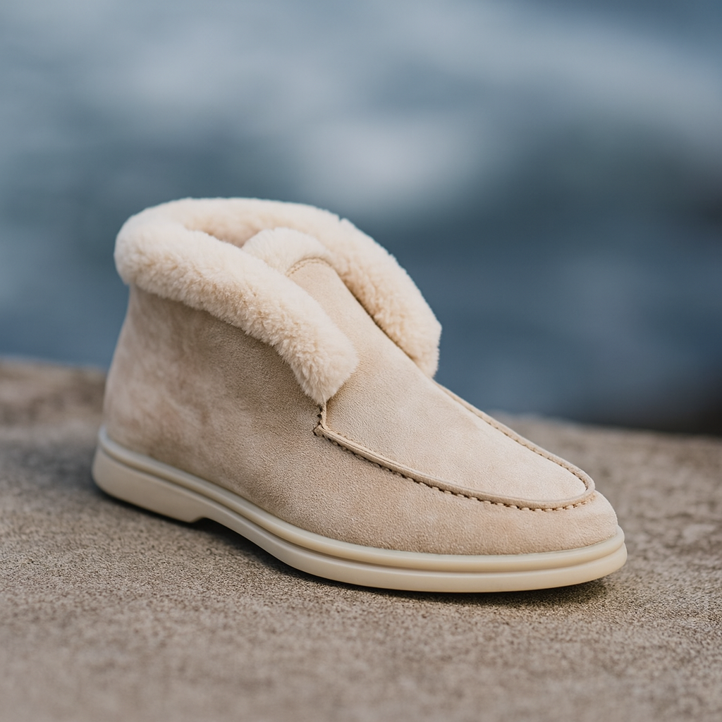 Side view of a shearling lined loafer boot in amber with white fur trim and a cream sole._13
