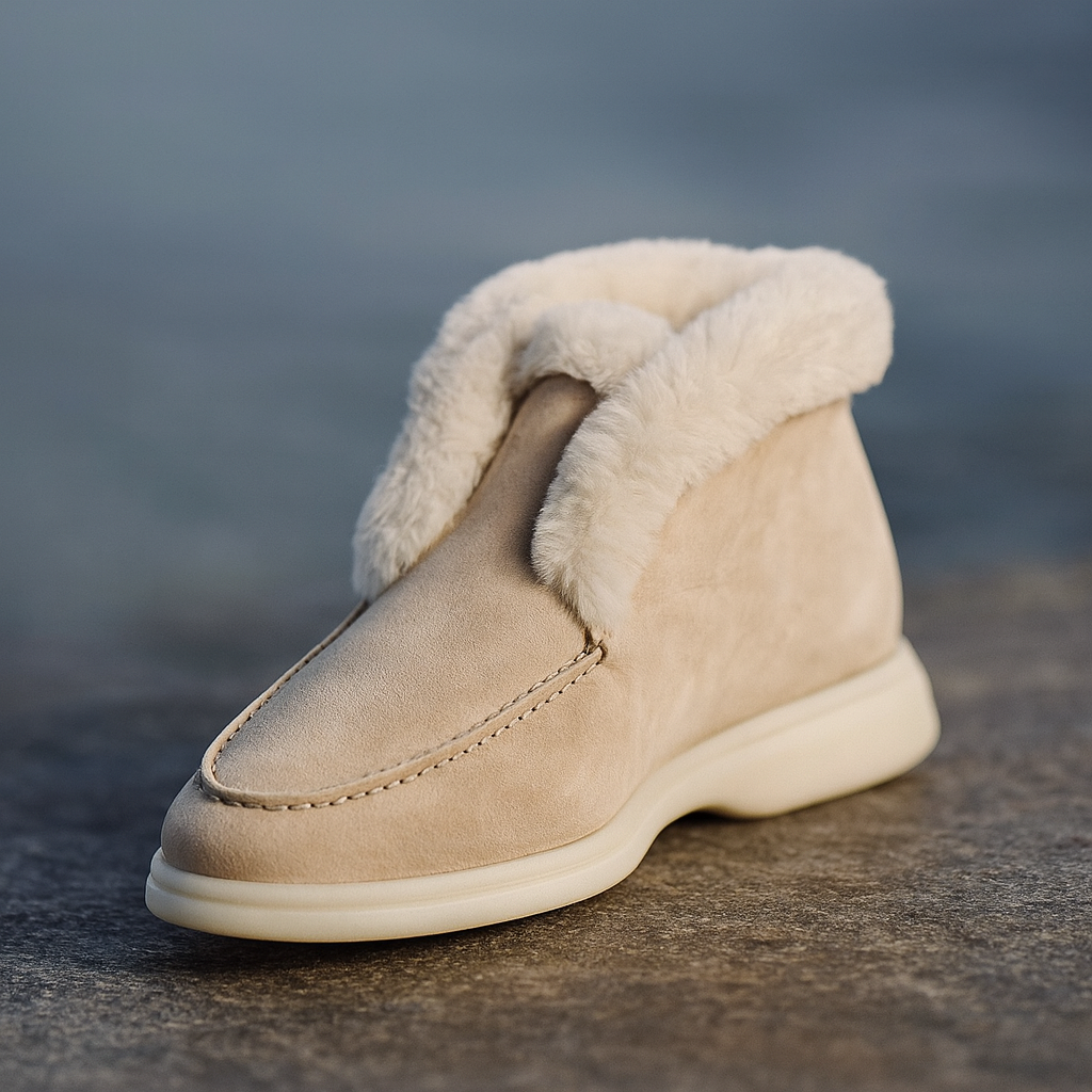 Side view of a shearling lined loafer boot in amber with white fur trim and a cream sole._14