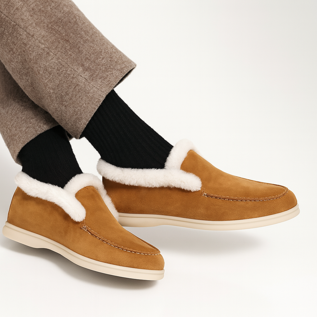 Side view of a shearling lined loafer boot in amber with white fur trim and a cream sole._2