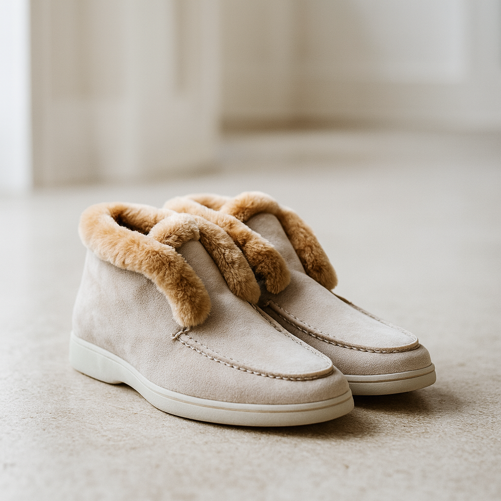 Side view of a shearling lined loafer boot in amber with white fur trim and a cream sole._6