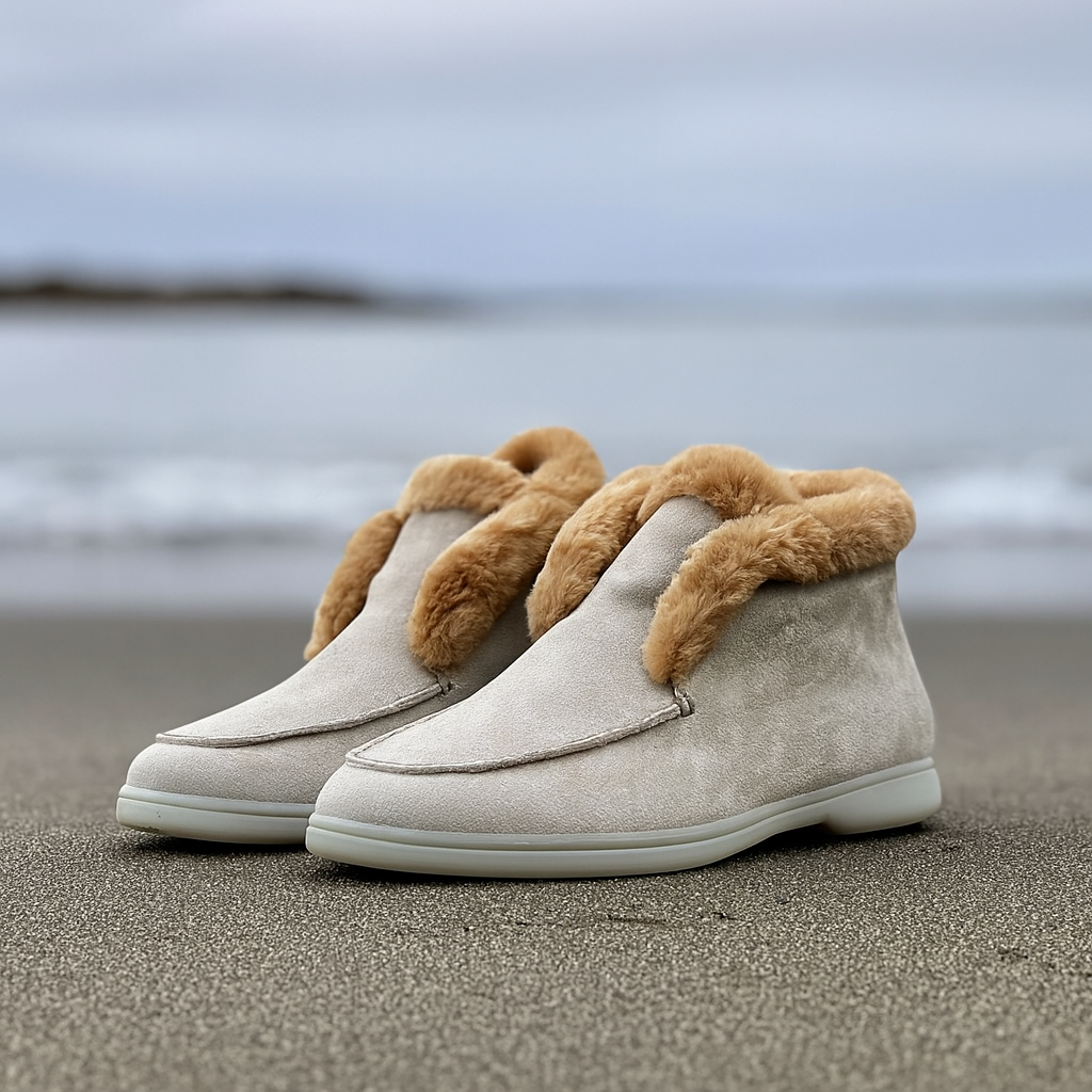 Side view of a shearling lined loafer boot in amber with white fur trim and a cream sole._7