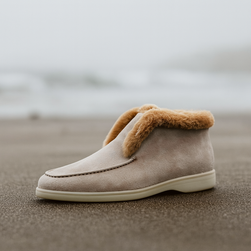 Side view of a shearling lined loafer boot in amber with white fur trim and a cream sole._9