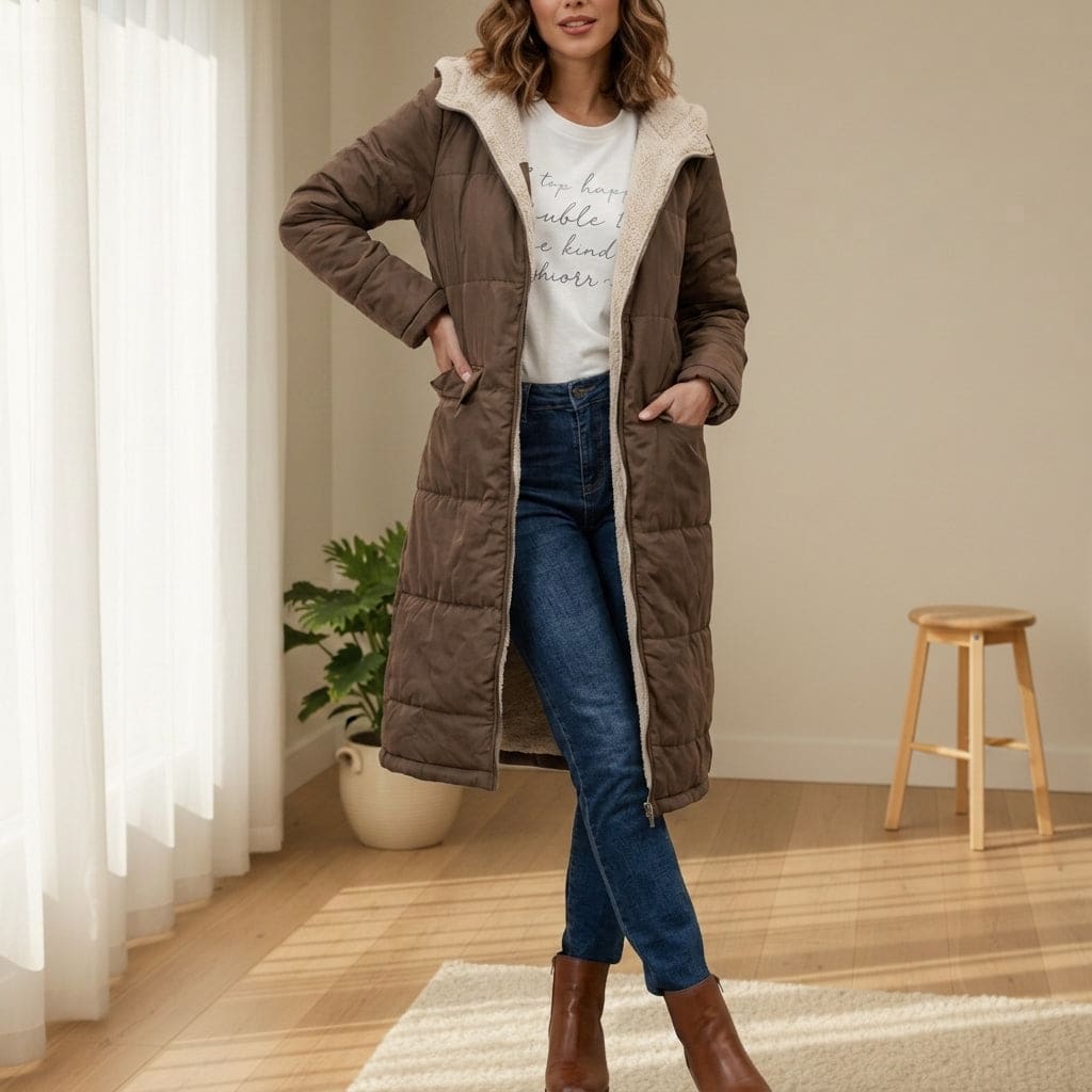 Janet | Sherpa-Lined Long Puffer Coat with Hood and Pockets