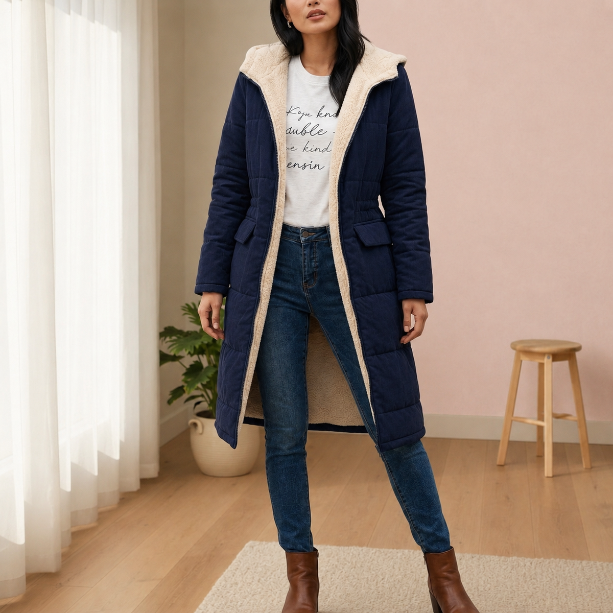 Janet | Sherpa-Lined Long Puffer Coat with Hood and Pockets