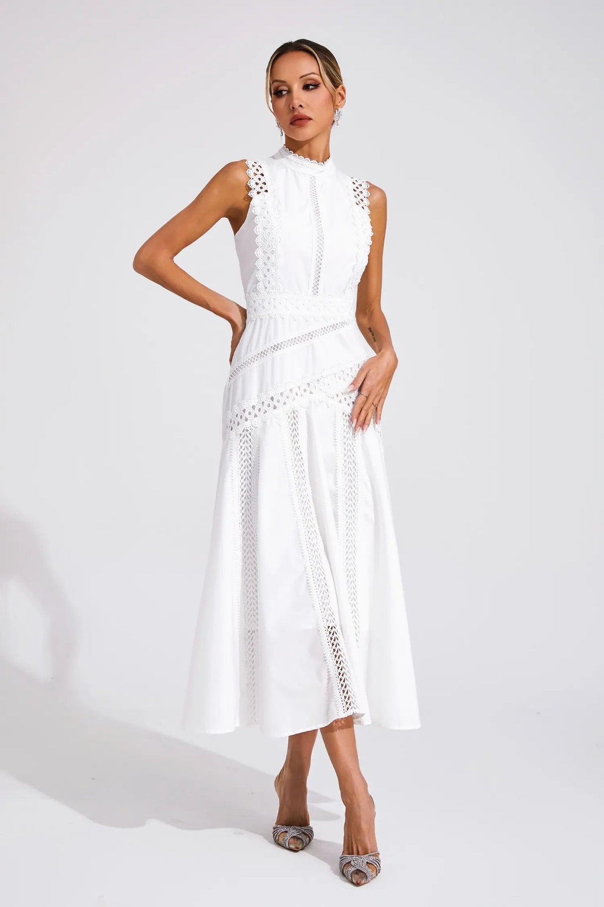Poppy | Sleeveless Lace Midi Wedding Dress with Flared Hem and Crochet Detail