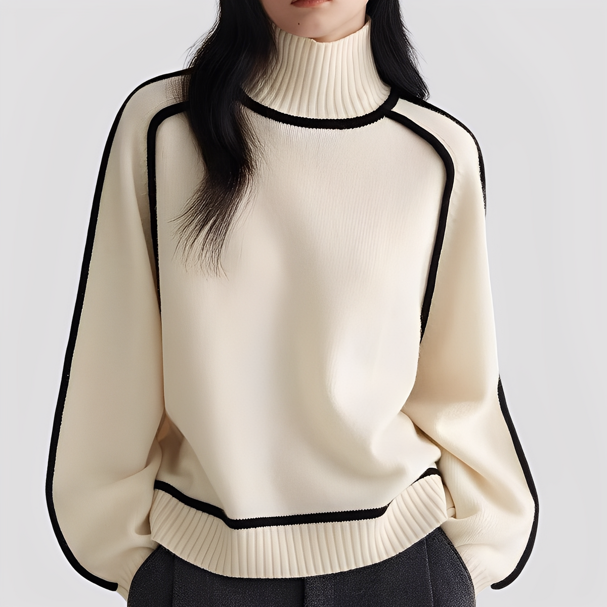 Woman wearing a cream turtleneck sweater with black piping along the raglan sleeves, neckline and ribbed hem, paired with dark trousers._0