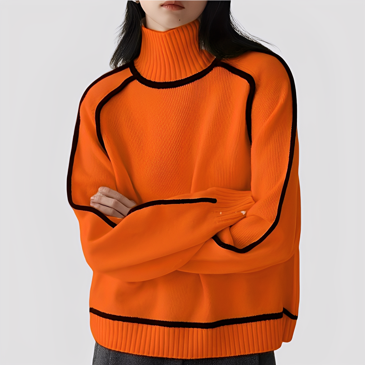 Francesca | Cream turtleneck sweater with black contrast piping and ribbed trims