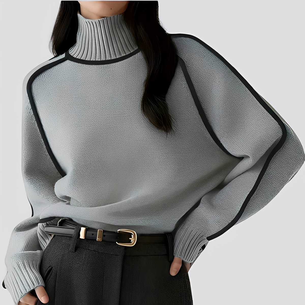 Francesca | Cream turtleneck sweater with black contrast piping and ribbed trims