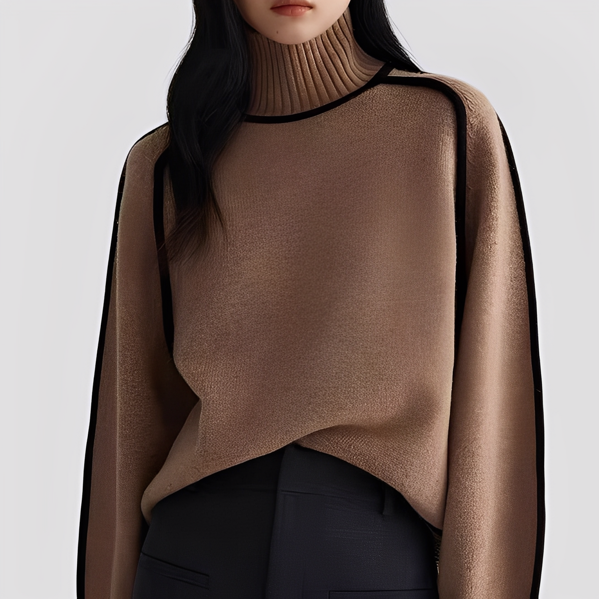 Francesca | Cream turtleneck sweater with black contrast piping and ribbed trims