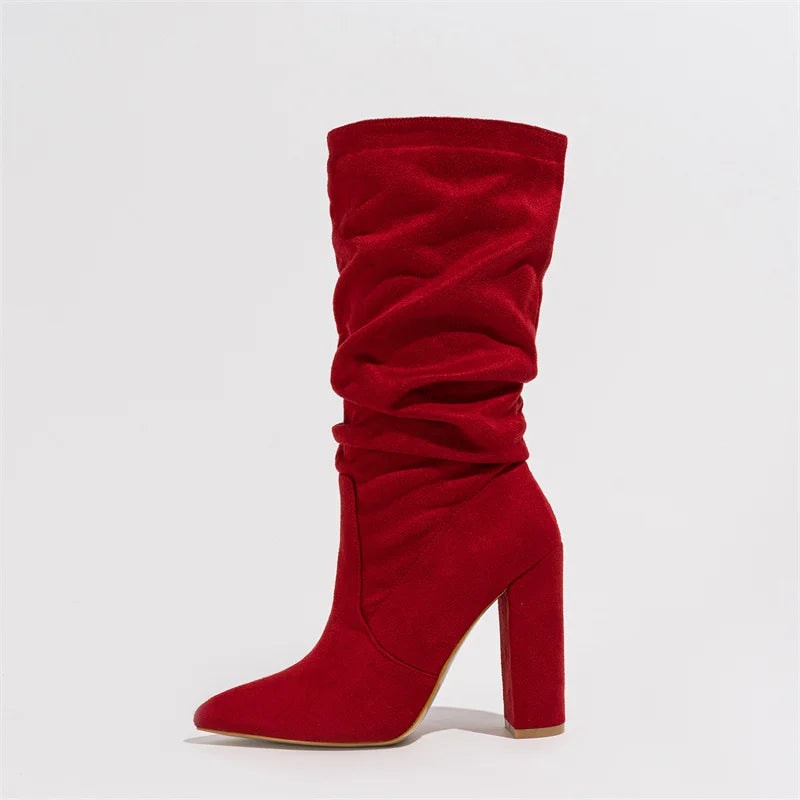Knee-high boot with pleated slouchy shaft, pointed toe, and chunky block heel shown in profile view_0