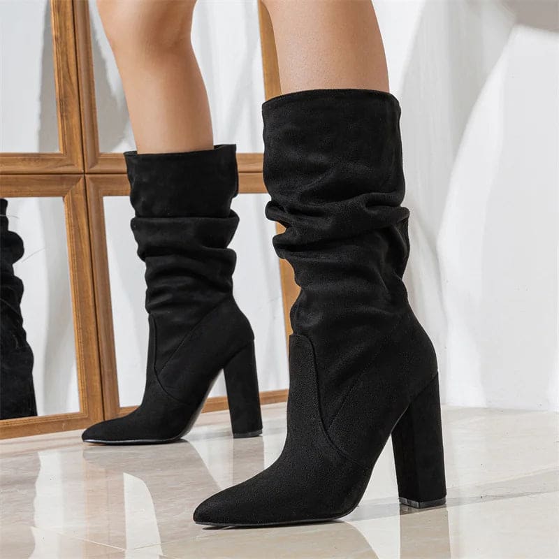 Knee-high boot with pleated slouchy shaft, pointed toe, and chunky block heel shown in profile view_10