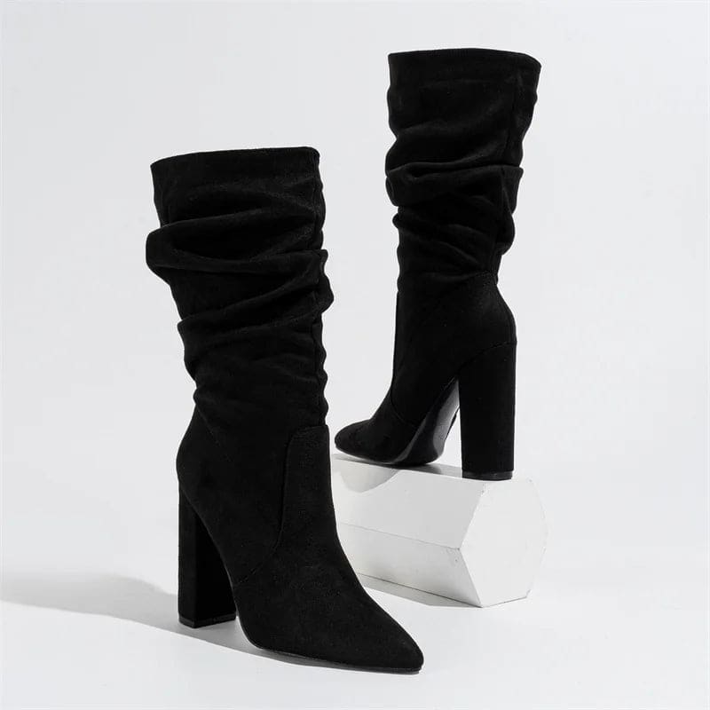 Knee-high boot with pleated slouchy shaft, pointed toe, and chunky block heel shown in profile view_14