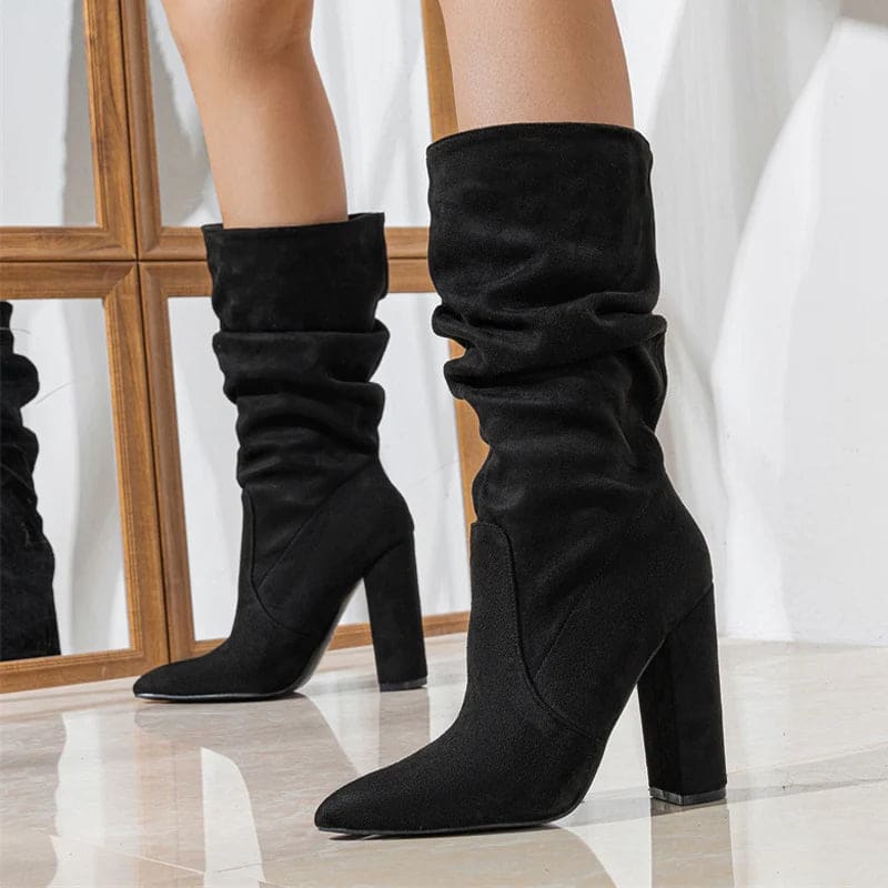 Knee-high boot with pleated slouchy shaft, pointed toe, and chunky block heel shown in profile view_5