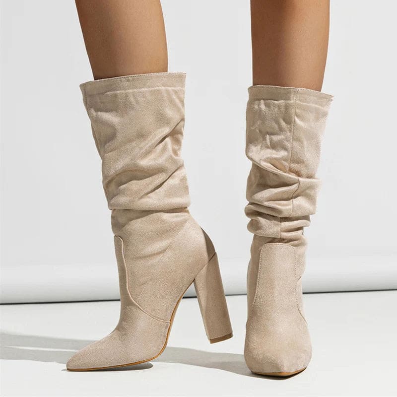 Knee-high boot with pleated slouchy shaft, pointed toe, and chunky block heel shown in profile view_6