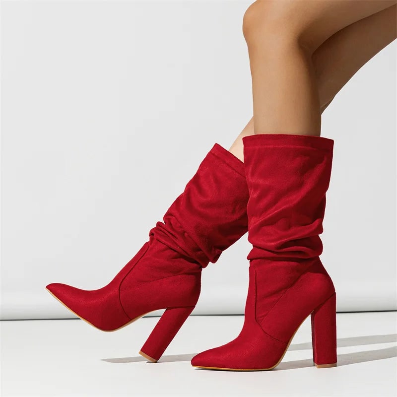 Knee-high boot with pleated slouchy shaft, pointed toe, and chunky block heel shown in profile view_8